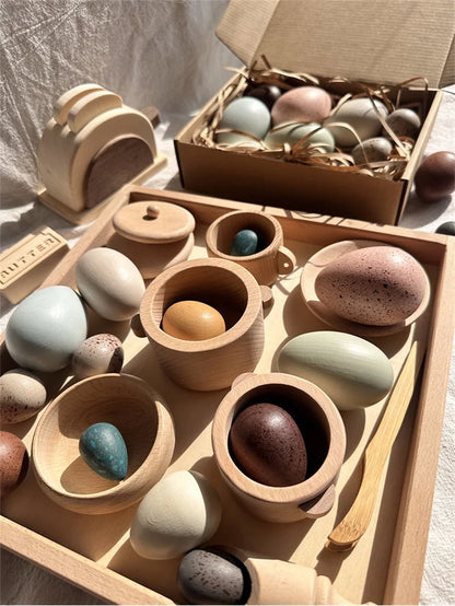 Kids Montessori Wood Toys Wooden Eggs Unpaint Sensory Kitchen Bowl Teapot Cups Toaster Baguette Early Learning Gift