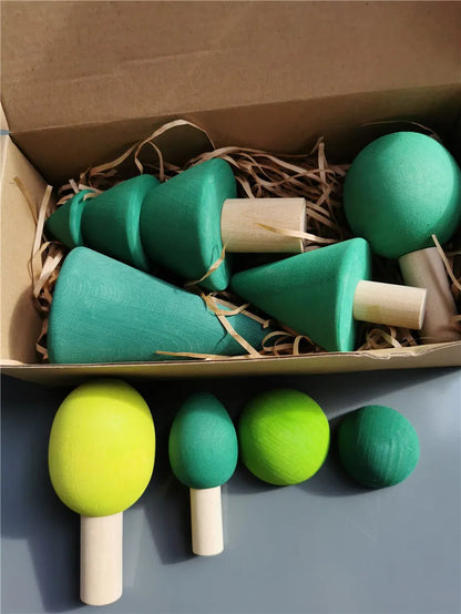 Montessori Wooden Toys Elemental Rainbow Stacking Blocks /Unpaint Wood Tree Building Stacking Car Volcano Coral Sea Wave