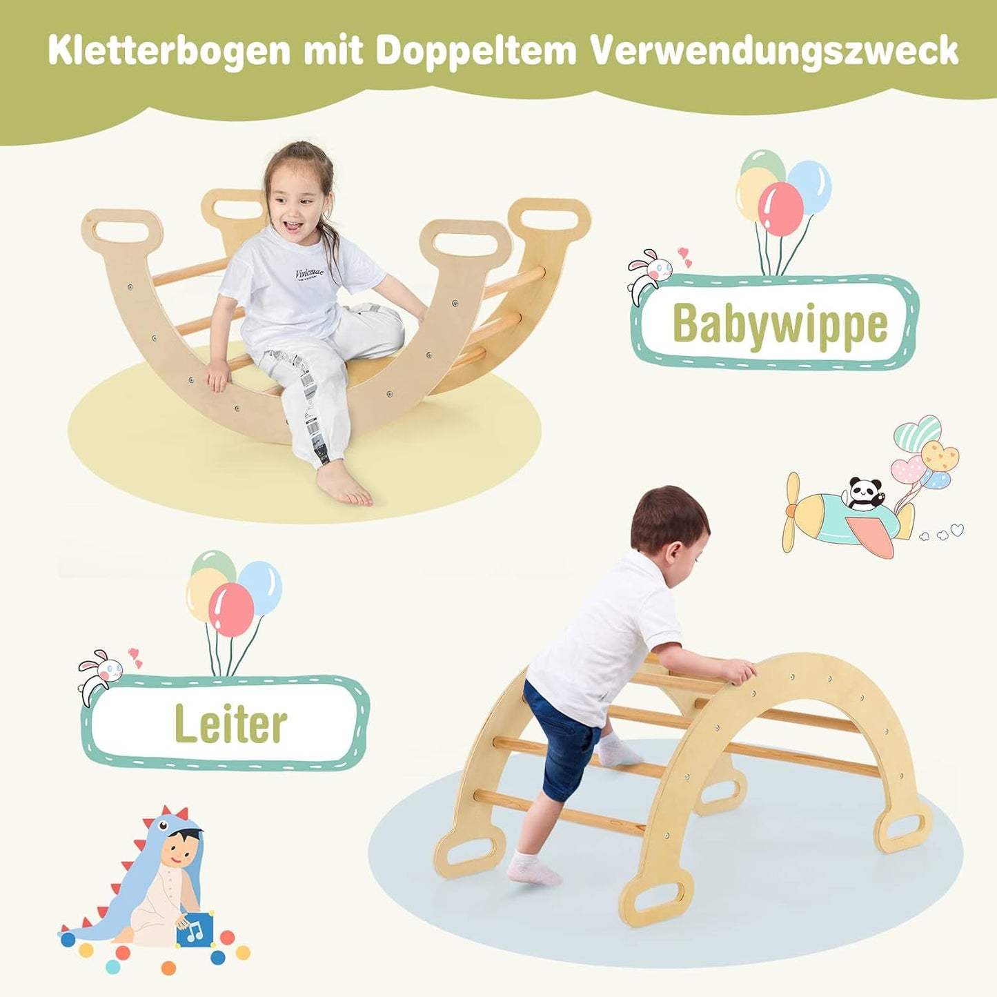 COSTWAY Kletterdreieck Mit Rutsche, Kletterbogen, Inkl. Doppelseitige Rampe, Zum Klettern, Rutschen Und Wippen, 4 in 1 Klettergerüst Indoor Ab 1 Jahr (Holzfarbe)
