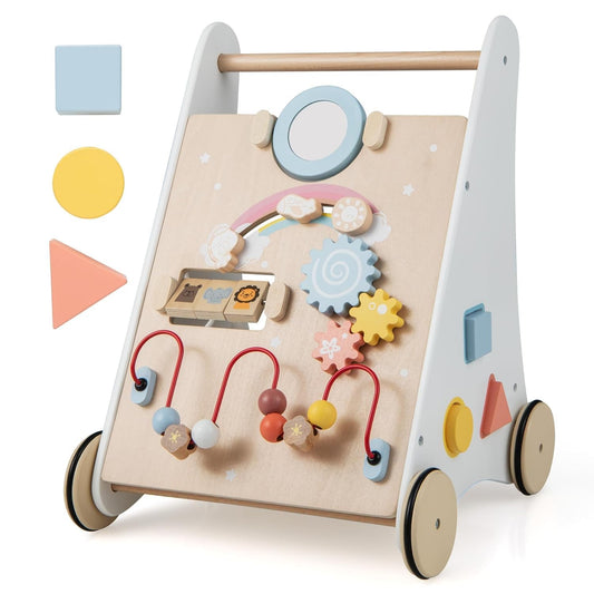 7 in 1 Lauflernwagen Aus Holz, Lauflernhilfe Mit Aufbewahrungsbox in Weiß, Montessori Baby Walker Mit Spielbrett, Spiegel & Bauklötzen, Jungen Und Mädchen Ab 1 Jahr
