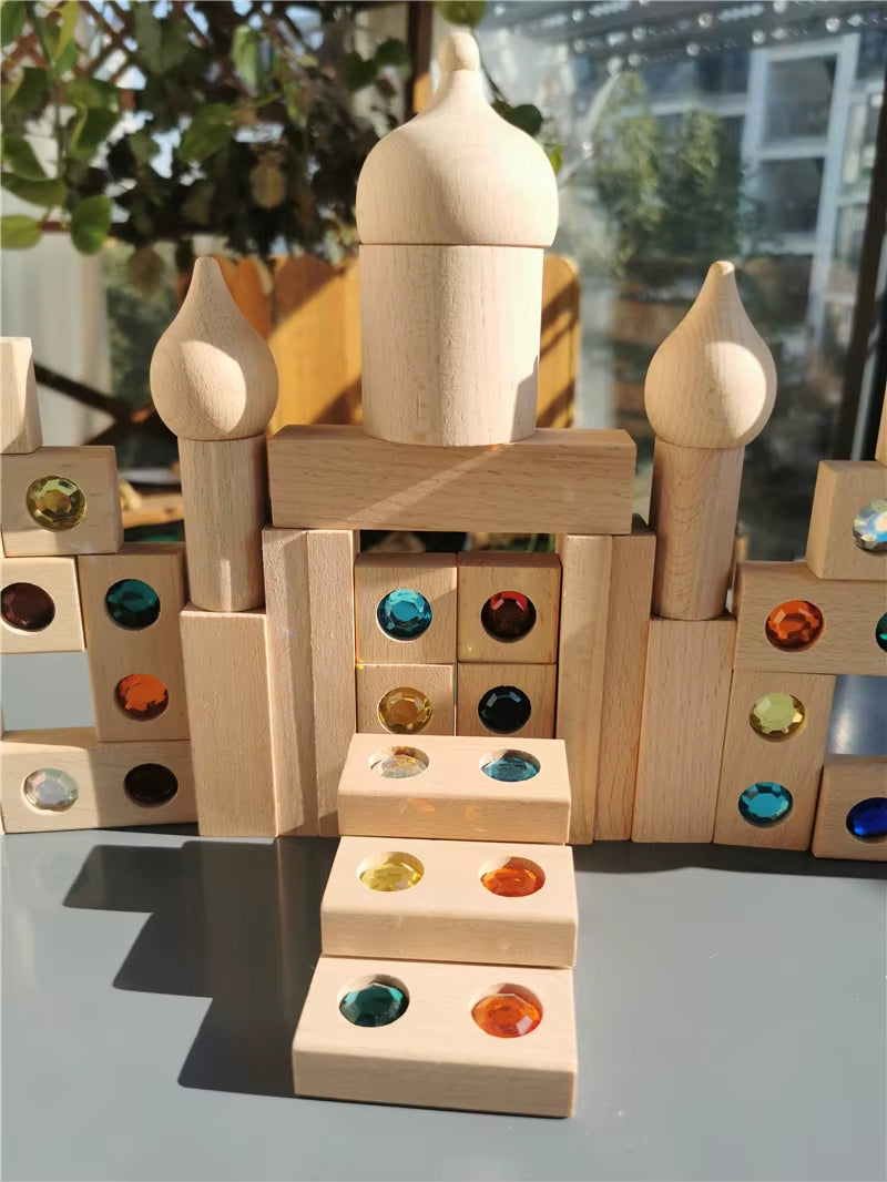 Kids Acrylic Sparkling Stones Wooden Gemstone Street Blocks Wood Montessori Toy Rainbow Crystal Diamond Bricks Building Play
