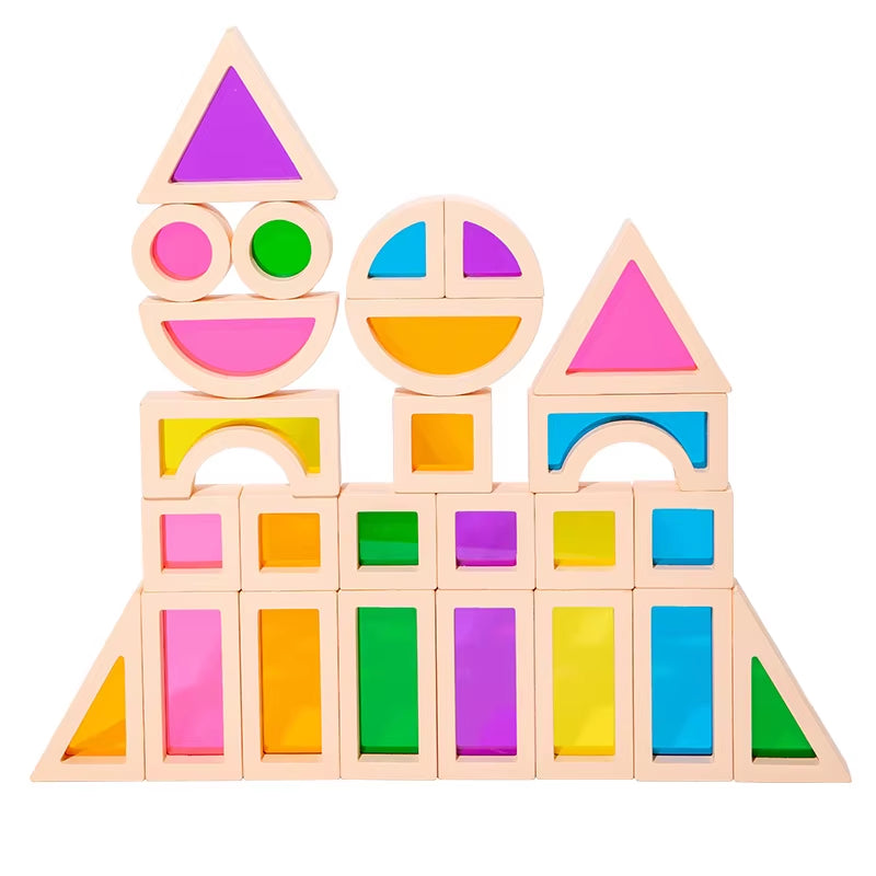 Rainbow Stack Acrylic Block Kid Montessori Wooden Toy Colorful Learning Educational Construction Building Toys Set for Ages 2+