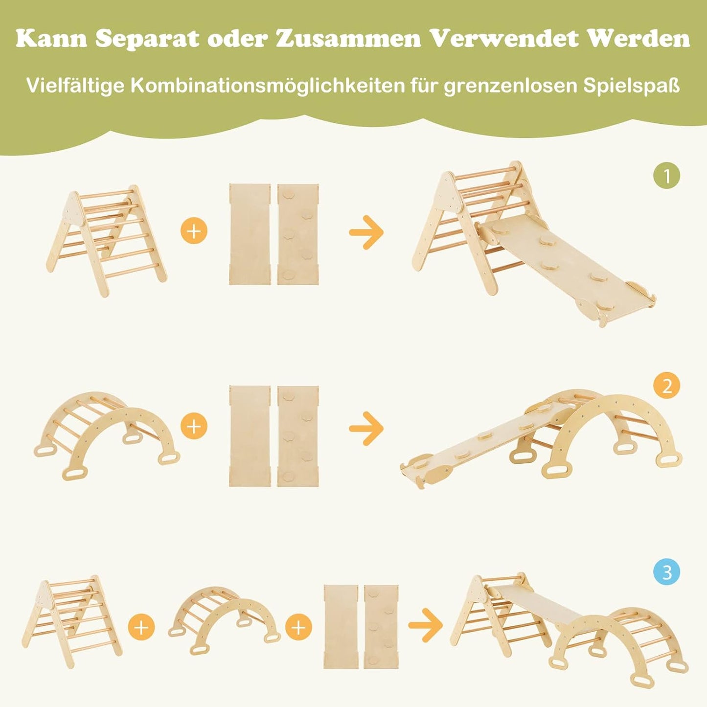 COSTWAY Kletterdreieck Mit Rutsche, Kletterbogen, Inkl. Doppelseitige Rampe, Zum Klettern, Rutschen Und Wippen, 4 in 1 Klettergerüst Indoor Ab 1 Jahr (Holzfarbe)