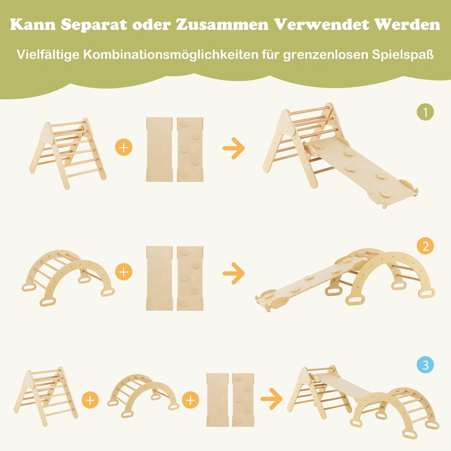 COSTWAY Kletterdreieck Mit Rutsche, Kletterbogen, Inkl. Doppelseitige Rampe, Zum Klettern, Rutschen Und Wippen, 4 in 1 Klettergerüst Indoor Ab 1 Jahr (Holzfarbe)