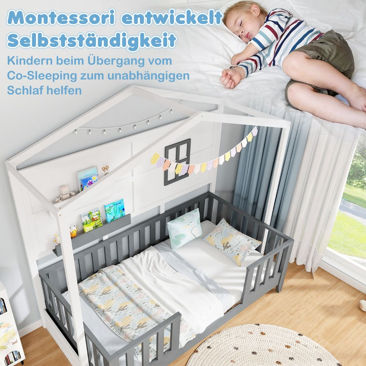 Hausbett 90 X 200 Cm Kinderbett Mit Rausfallschutz Und 2 Regalen Holzbett in Hausform Mit Fenster Weiß + Grau