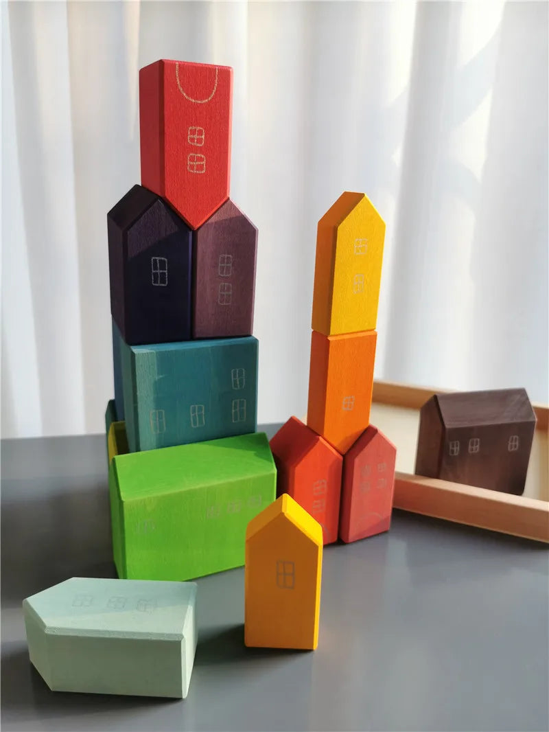 Montessori Wooden Toys Elemental Rainbow Stacking Blocks /Unpaint Wood Tree Building Stacking Car Volcano Coral Sea Wave
