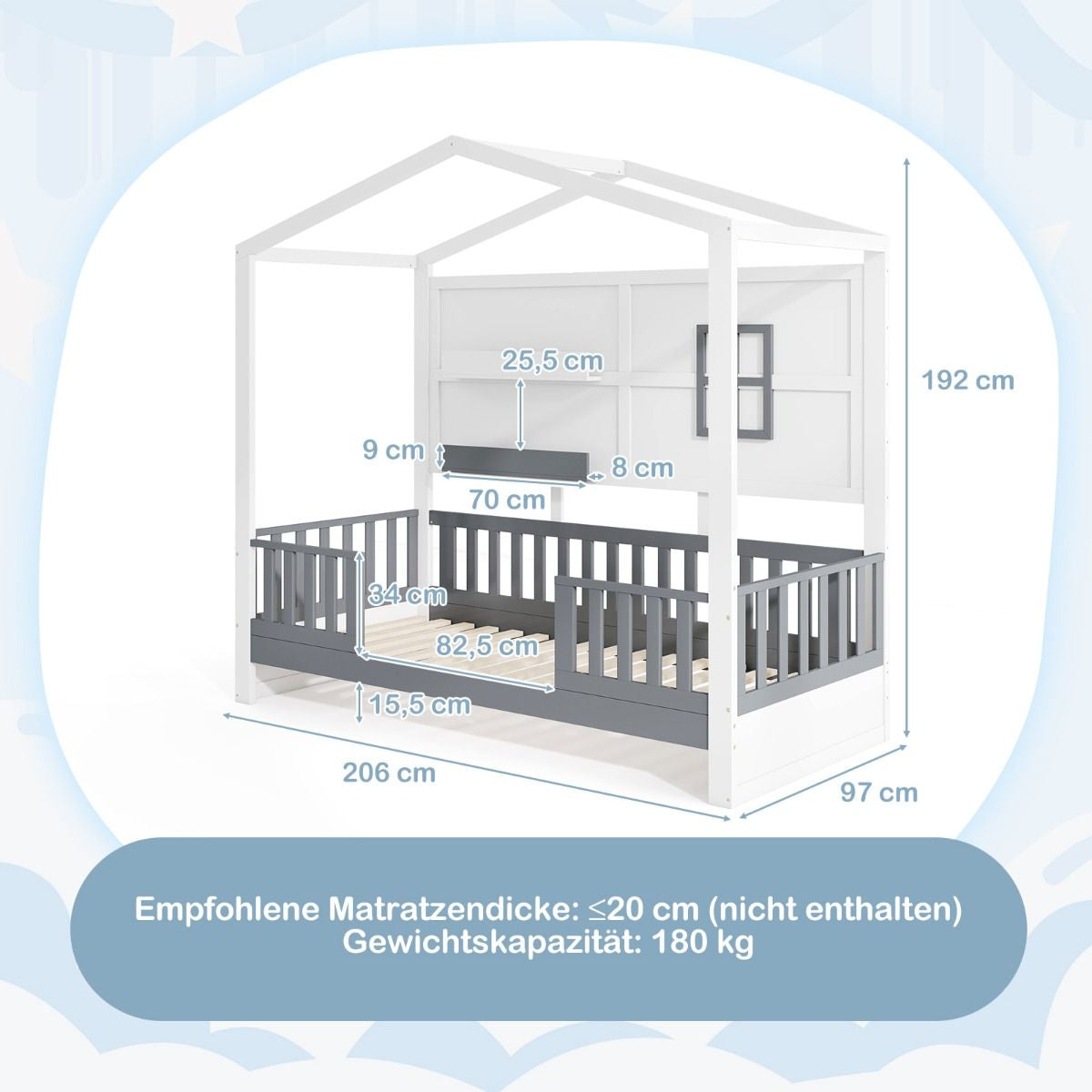 Hausbett 90 X 200 Cm Kinderbett Mit Rausfallschutz Und 2 Regalen Holzbett in Hausform Mit Fenster Weiß + Grau