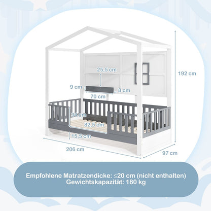 Hausbett 90 X 200 Cm Kinderbett Mit Rausfallschutz Und 2 Regalen Holzbett in Hausform Mit Fenster Weiß + Grau