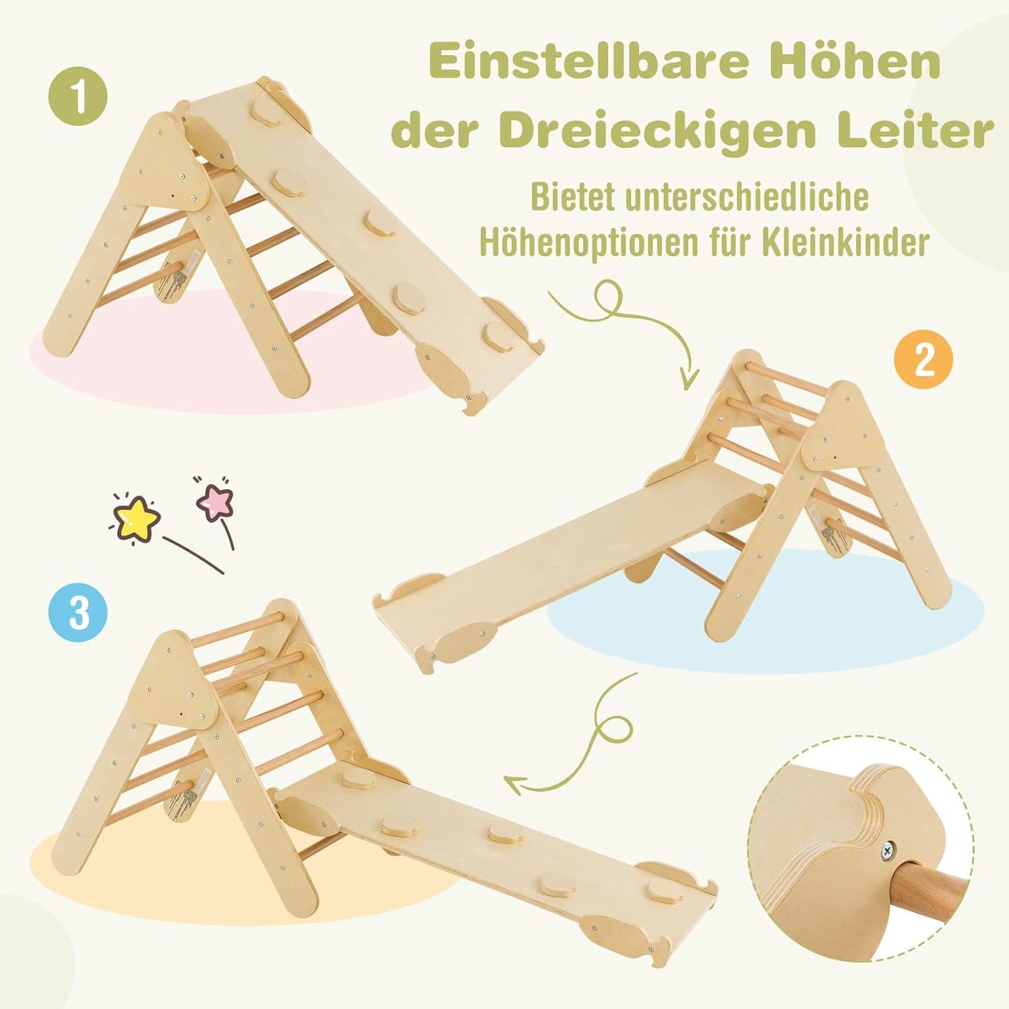 COSTWAY Kletterdreieck Mit Rutsche, Kletterbogen, Inkl. Doppelseitige Rampe, Zum Klettern, Rutschen Und Wippen, 4 in 1 Klettergerüst Indoor Ab 1 Jahr (Holzfarbe)