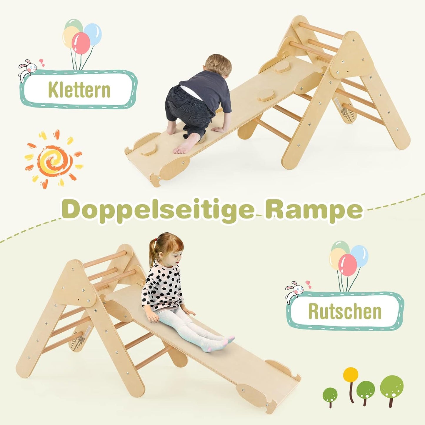 COSTWAY Kletterdreieck Mit Rutsche, Kletterbogen, Inkl. Doppelseitige Rampe, Zum Klettern, Rutschen Und Wippen, 4 in 1 Klettergerüst Indoor Ab 1 Jahr (Holzfarbe)