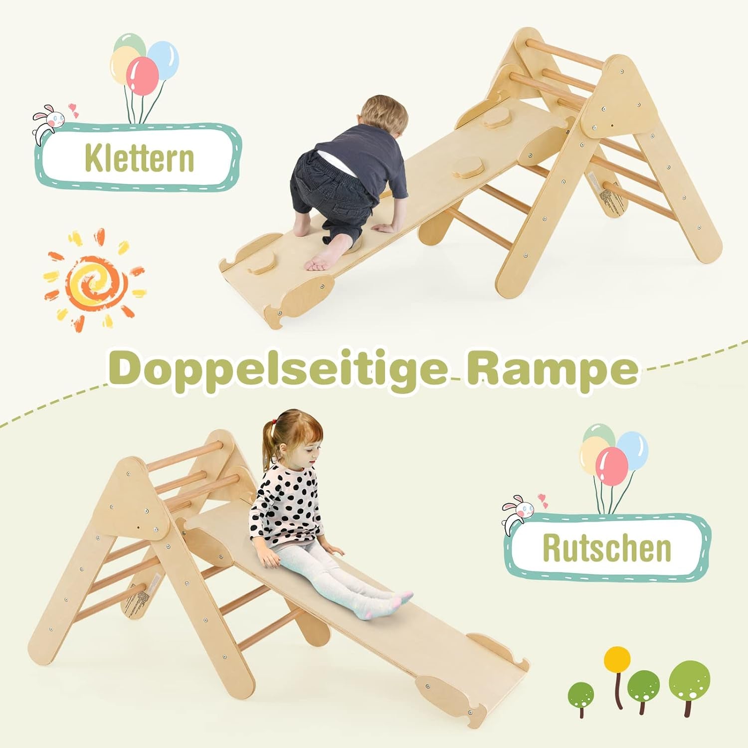 COSTWAY Kletterdreieck Mit Rutsche, Kletterbogen, Inkl. Doppelseitige Rampe, Zum Klettern, Rutschen Und Wippen, 4 in 1 Klettergerüst Indoor Ab 1 Jahr (Holzfarbe)