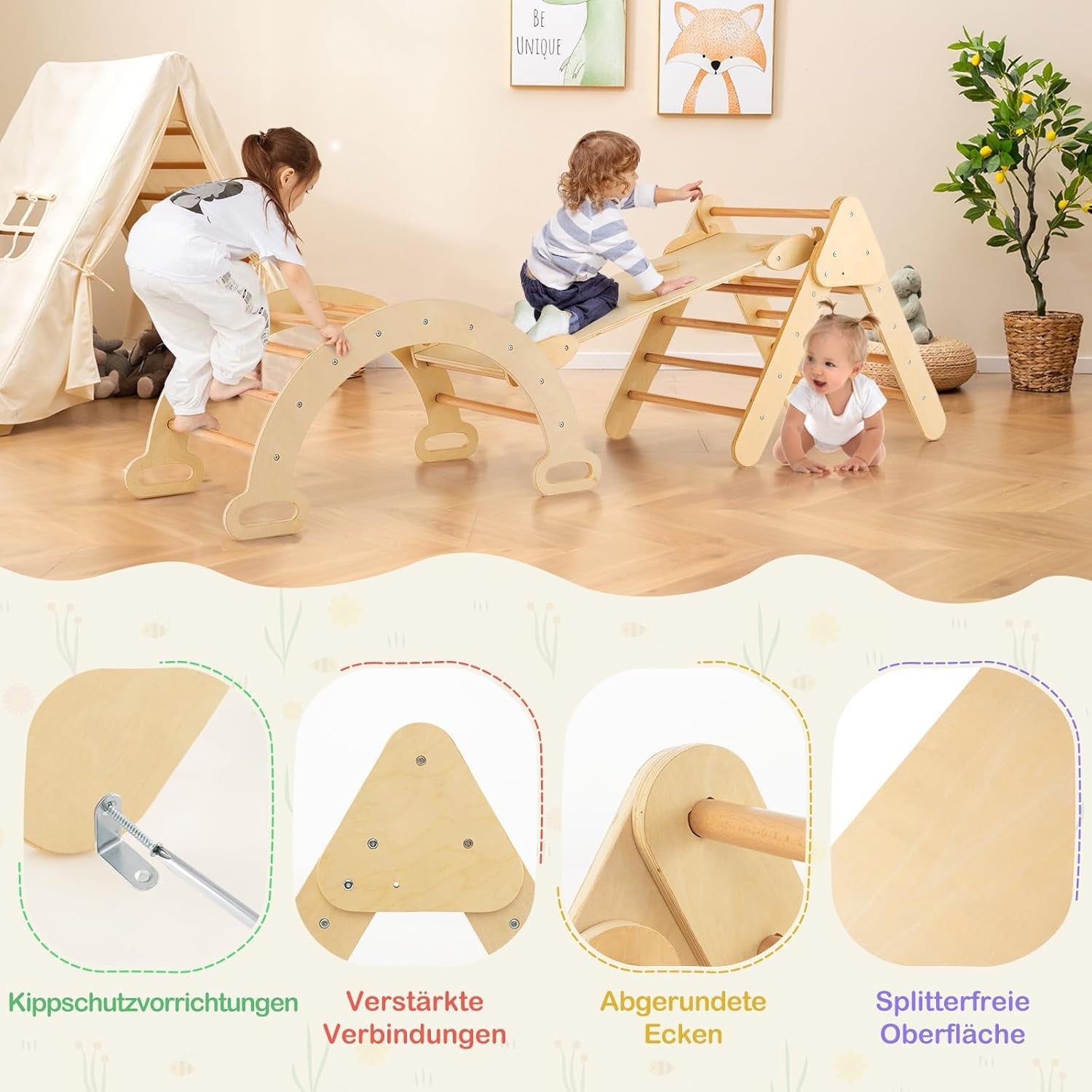 COSTWAY Kletterdreieck Mit Rutsche, Kletterbogen, Inkl. Doppelseitige Rampe, Zum Klettern, Rutschen Und Wippen, 4 in 1 Klettergerüst Indoor Ab 1 Jahr (Holzfarbe)