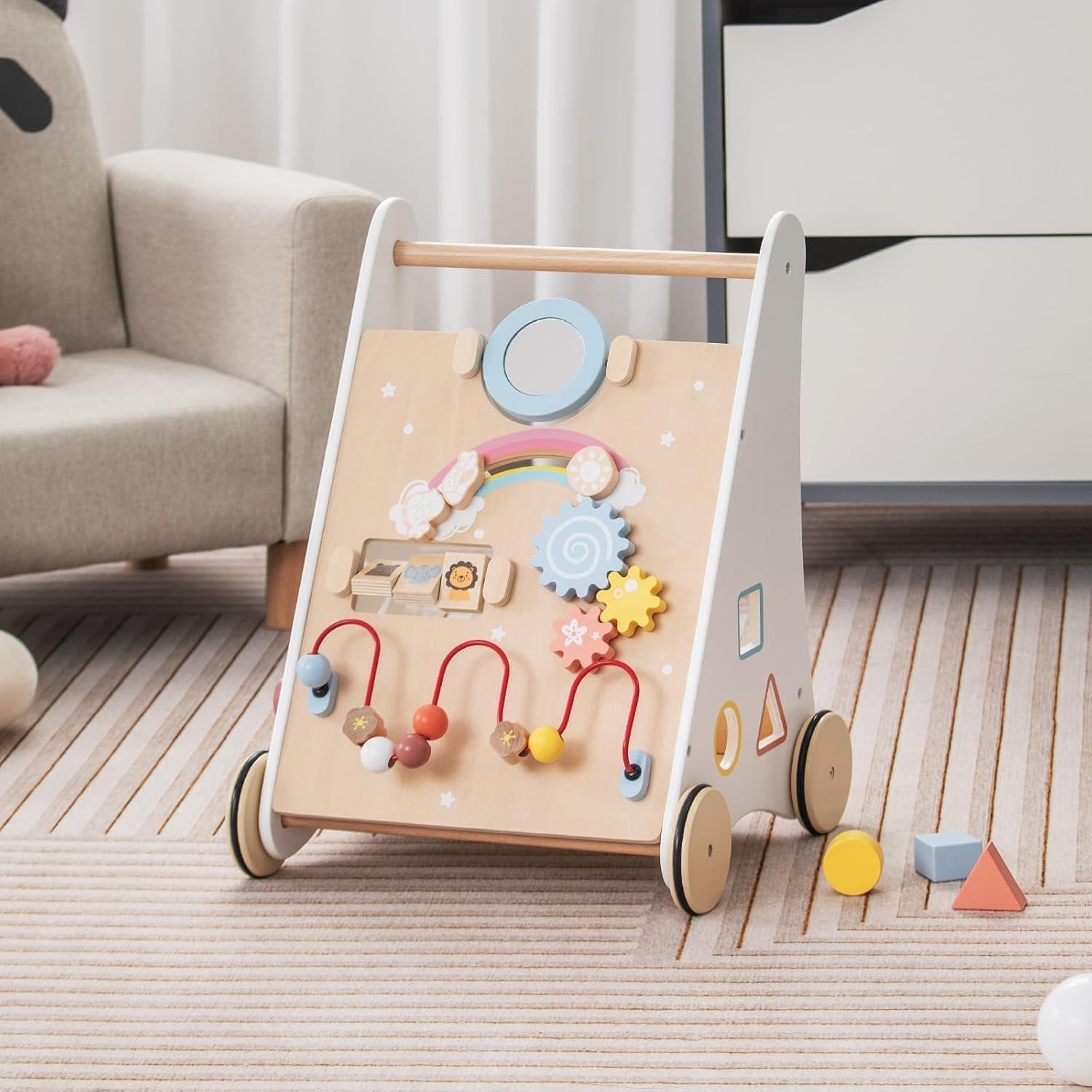 7 in 1 Lauflernwagen Aus Holz, Lauflernhilfe Mit Aufbewahrungsbox in Weiß, Montessori Baby Walker Mit Spielbrett, Spiegel & Bauklötzen, Jungen Und Mädchen Ab 1 Jahr