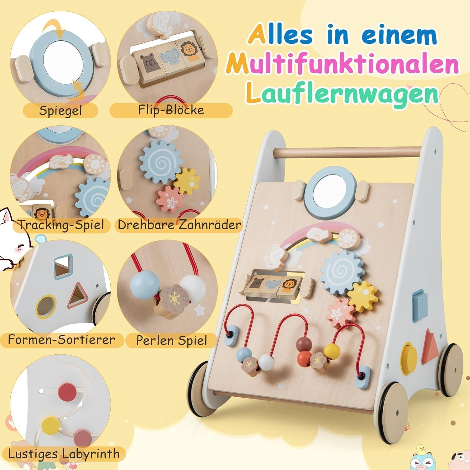 7 in 1 Lauflernwagen Aus Holz, Lauflernhilfe Mit Aufbewahrungsbox in Weiß, Montessori Baby Walker Mit Spielbrett, Spiegel & Bauklötzen, Jungen Und Mädchen Ab 1 Jahr