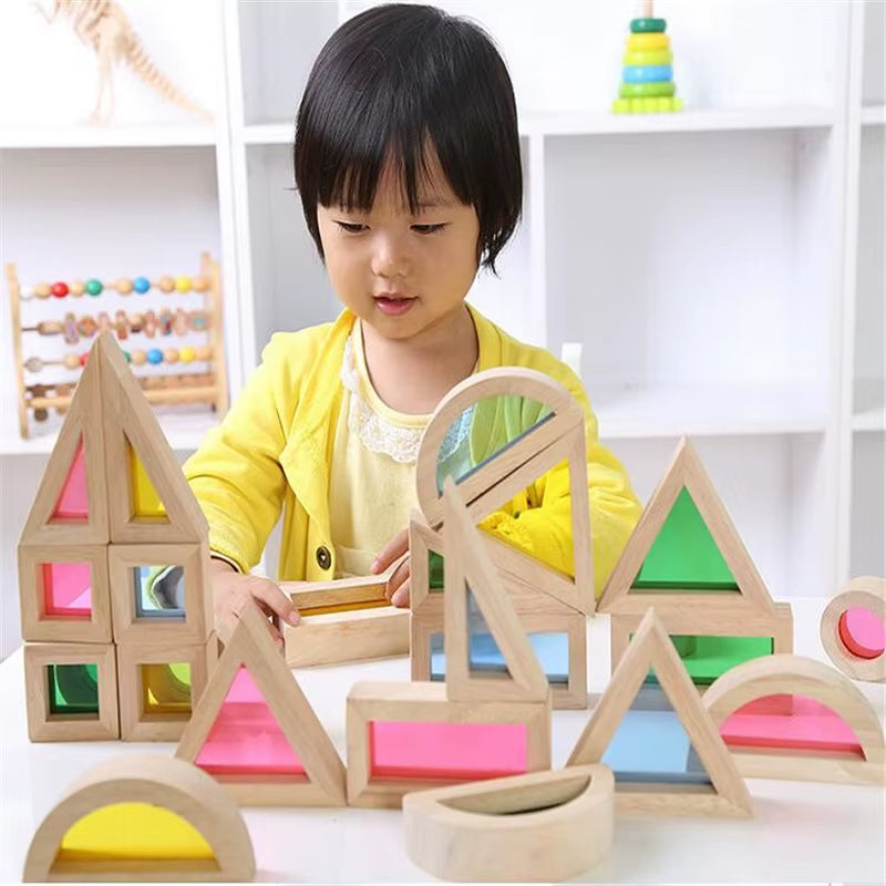 Rainbow Stack Acrylic Block Kid Montessori Wooden Toy Colorful Learning Educational Construction Building Toys Set for Ages 2+