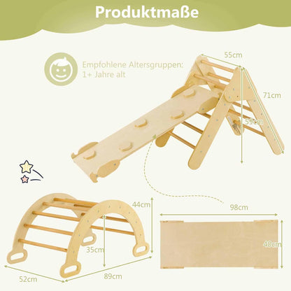 COSTWAY Kletterdreieck Mit Rutsche, Kletterbogen, Inkl. Doppelseitige Rampe, Zum Klettern, Rutschen Und Wippen, 4 in 1 Klettergerüst Indoor Ab 1 Jahr (Holzfarbe)