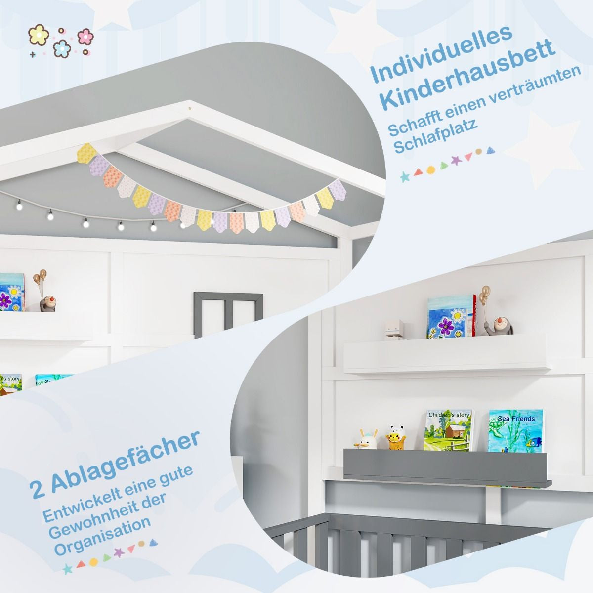 Hausbett 90 X 200 Cm Kinderbett Mit Rausfallschutz Und 2 Regalen Holzbett in Hausform Mit Fenster Weiß + Grau