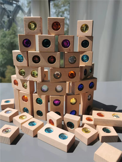 Kids Acrylic Sparkling Stones Wooden Gemstone Street Blocks Wood Montessori Toy Rainbow Crystal Diamond Bricks Building Play