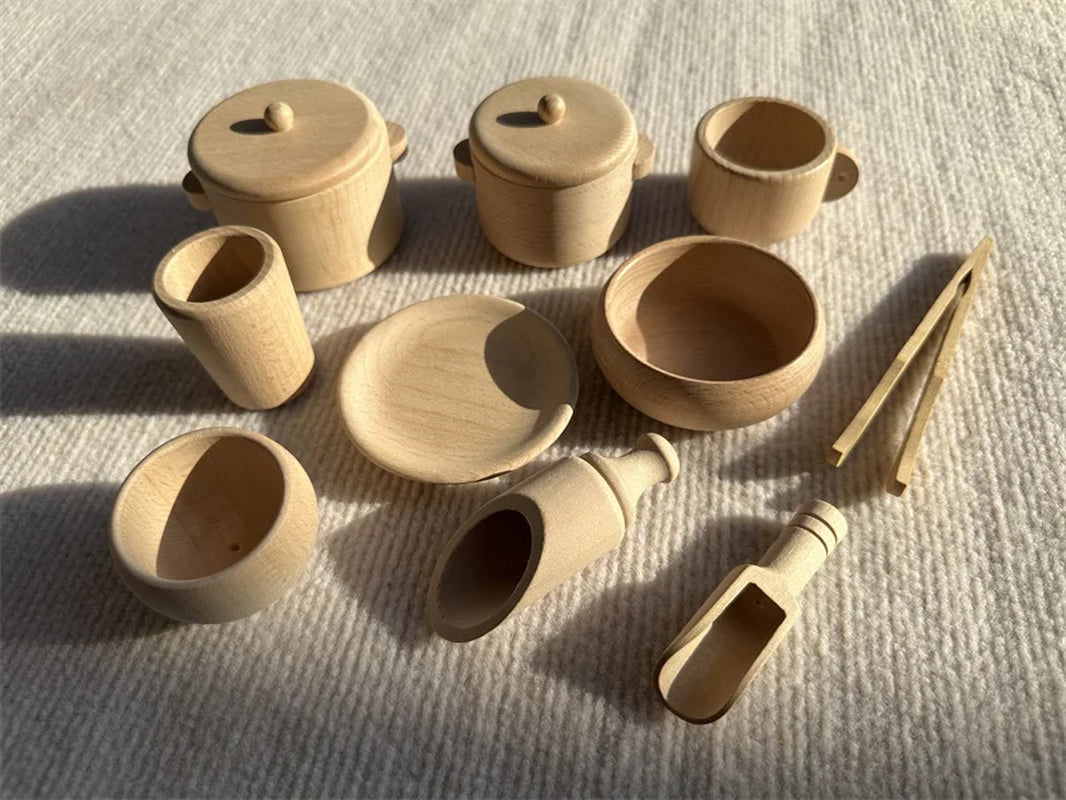 Kids Montessori Wood Toys Wooden Eggs Unpaint Sensory Kitchen Bowl Teapot Cups Toaster Baguette Early Learning Gift