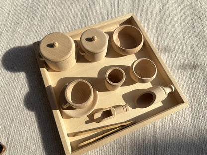 Kids Montessori Wood Toys Wooden Eggs Unpaint Sensory Kitchen Bowl Teapot Cups Toaster Baguette Early Learning Gift