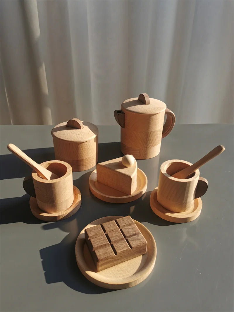 Kids Montessori Wood Toys Wooden Eggs Unpaint Sensory Kitchen Bowl Teapot Cups Toaster Baguette Early Learning Gift