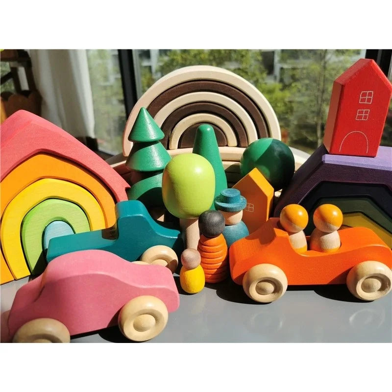 Montessori Wooden Toys Elemental Rainbow Stacking Blocks /Unpaint Wood Tree Building Stacking Car Volcano Coral Sea Wave