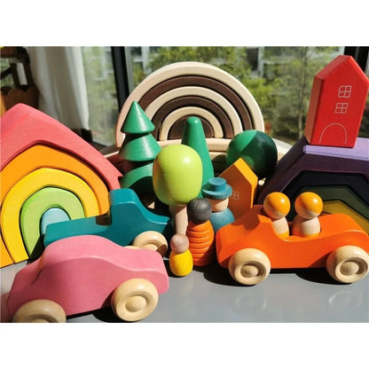 Montessori Wooden Toys Elemental Rainbow Stacking Blocks /Unpaint Wood Tree Building Stacking Car Volcano Coral Sea Wave