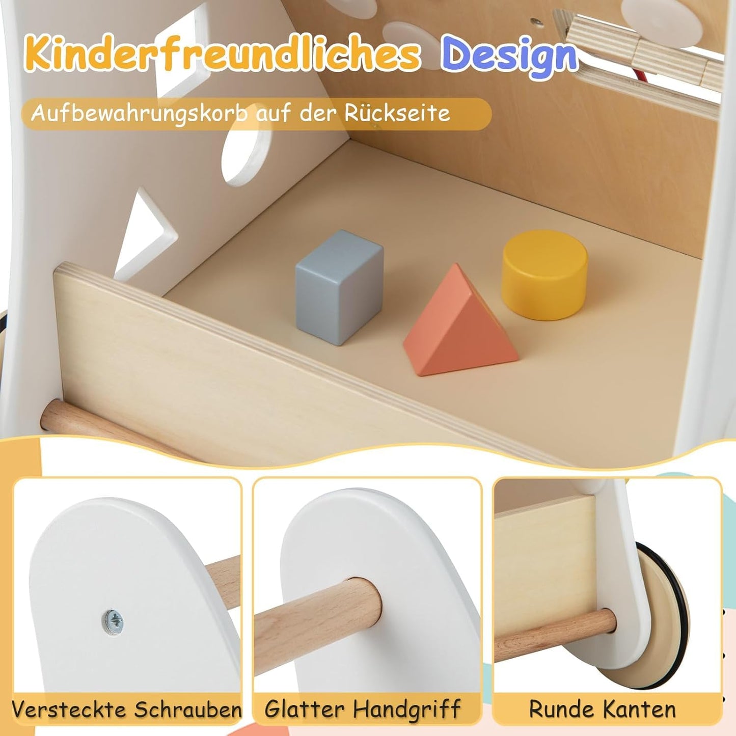 7 in 1 Lauflernwagen Aus Holz, Lauflernhilfe Mit Aufbewahrungsbox in Weiß, Montessori Baby Walker Mit Spielbrett, Spiegel & Bauklötzen, Jungen Und Mädchen Ab 1 Jahr