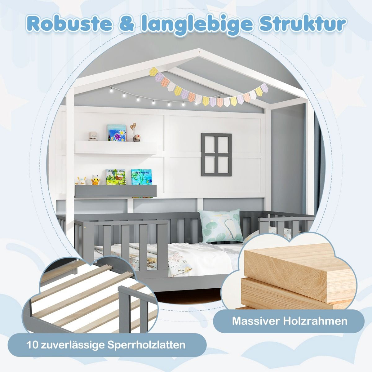 Hausbett 90 X 200 Cm Kinderbett Mit Rausfallschutz Und 2 Regalen Holzbett in Hausform Mit Fenster Weiß + Grau