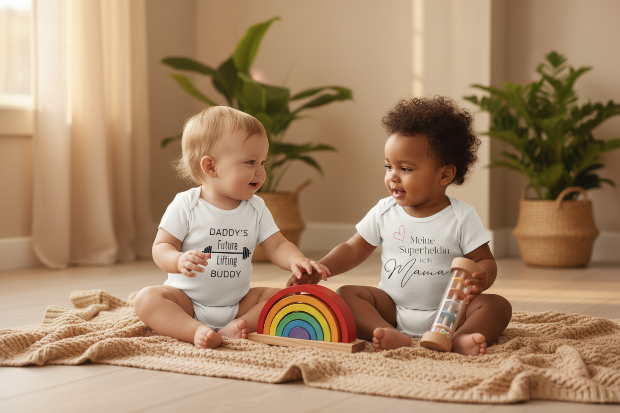 Zwei Babys spielen in warmer Atmosphäre mit Zimmerpflanzen